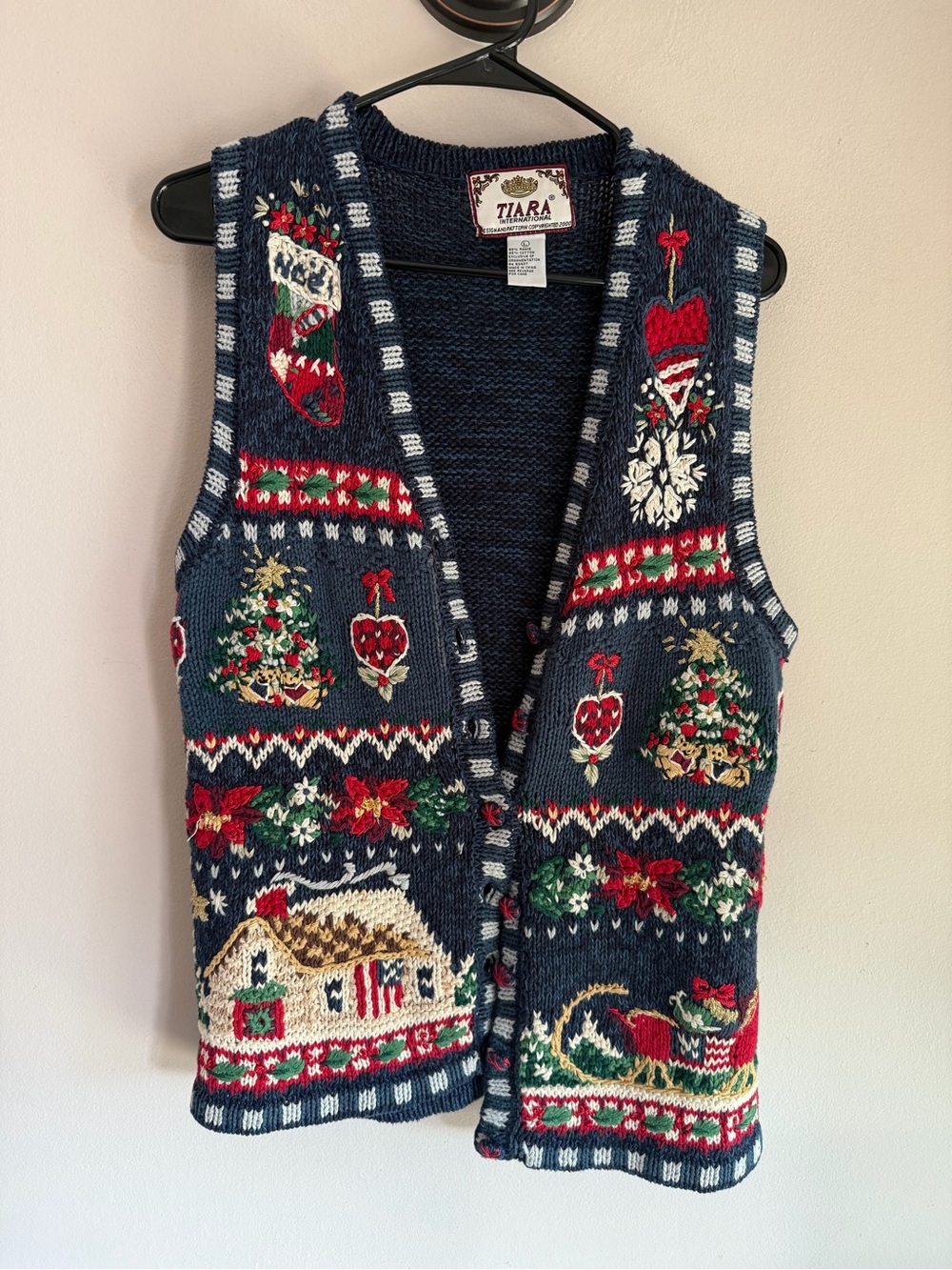 Vintage Tiara International Ugly Christmas Sweater Vest Blue Knit Size Large Y2K